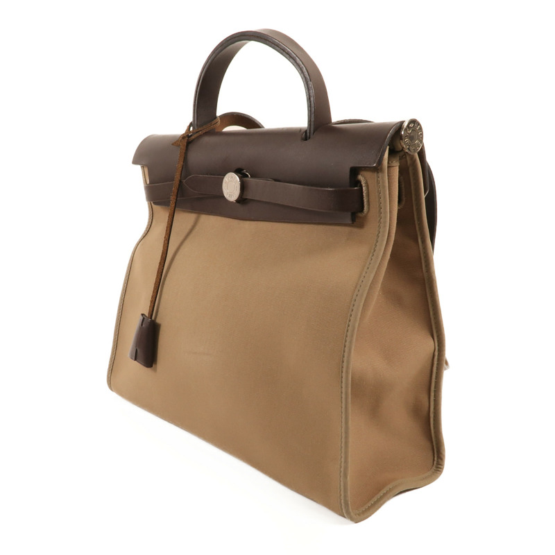 HERMES 帆布Herbag PM銀扣手挽肩背兩用袋Etoupe-2
