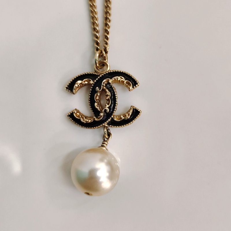 MS0346 Chanel 香奈兒 項鍊 珍珠 熔岩 邊緣 黑淡金 CC Logo Pearl Black x LGHW Necklace-4