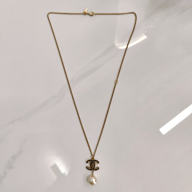 MS0346 Chanel 香奈兒 項鍊 珍珠 熔岩 邊緣 黑淡金 CC Logo Pearl Black x LGHW Necklace-5
