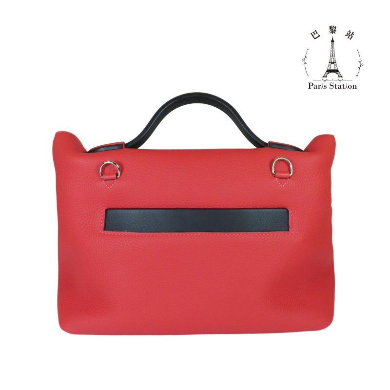 【巴黎站二手名牌專賣店】*現貨*HERMES 愛馬仕 真品*D刻番茄紅色拼接黑皮革24/24手提兩用包29-1