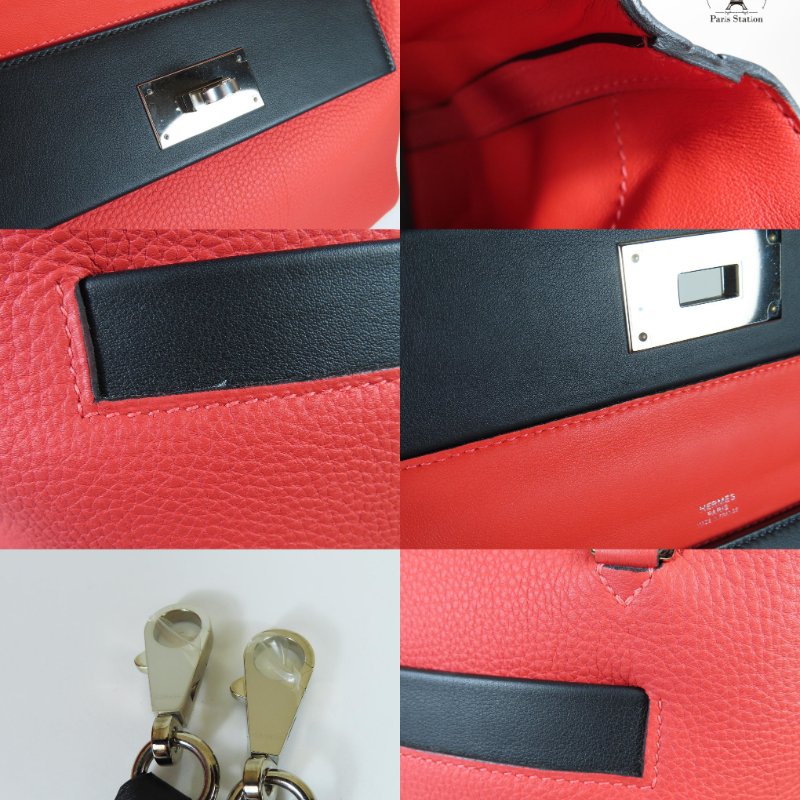 【巴黎站二手名牌專賣店】*現貨*HERMES 愛馬仕 真品*D刻番茄紅色拼接黑皮革24/24手提兩用包29-7