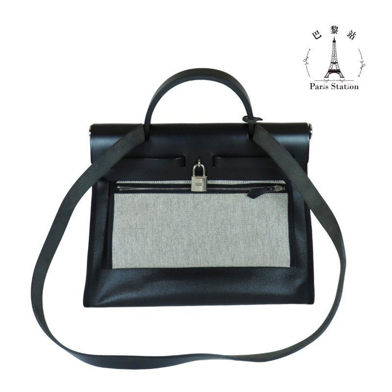 【巴黎站二手名牌專賣店】*現貨*HERMES 愛馬仕 真品*C刻HERBAG31黑防水布/黑皮革銀釦手提斜背包-1