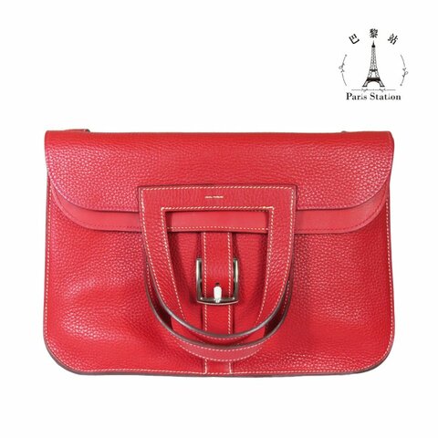 【巴黎站二手名牌專賣店】＊現貨＊HERMES 愛馬仕 真品＊T刻紅色小牛皮HALZAN 31銀釦手提斜背包