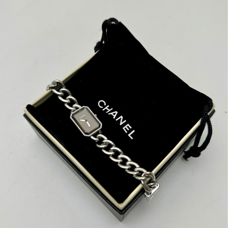 【閒置❤️】Chanel premiere chaine新款黑銀石英方糖手錶 原鑲鑽-0
