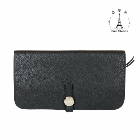 【巴黎站二手名牌專賣店】＊現貨＊HERMES 愛馬仕 真品＊A刻黑色皮革圓形銀色穿釦雙折長夾