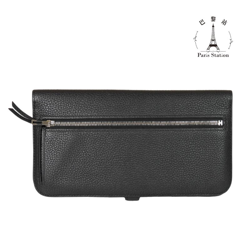 【巴黎站二手名牌專賣店】*現貨*HERMES 愛馬仕 真品*A刻黑色皮革圓形銀色穿釦雙折長夾-1