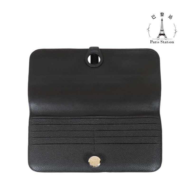 【巴黎站二手名牌專賣店】*現貨*HERMES 愛馬仕 真品*A刻黑色皮革圓形銀色穿釦雙折長夾-3