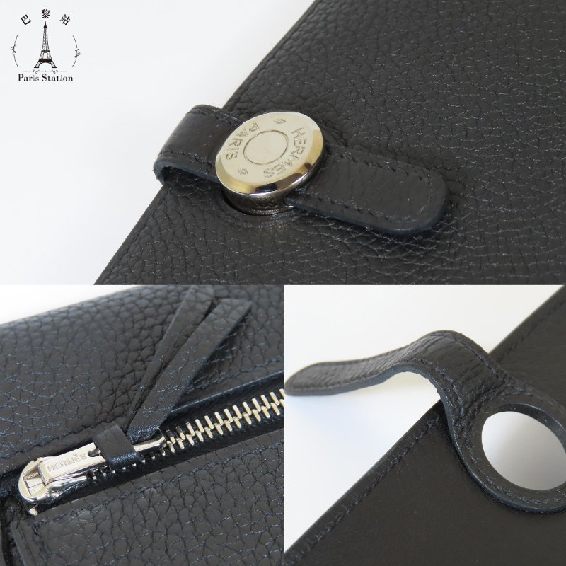 【巴黎站二手名牌專賣店】*現貨*HERMES 愛馬仕 真品*A刻黑色皮革圓形銀色穿釦雙折長夾-6