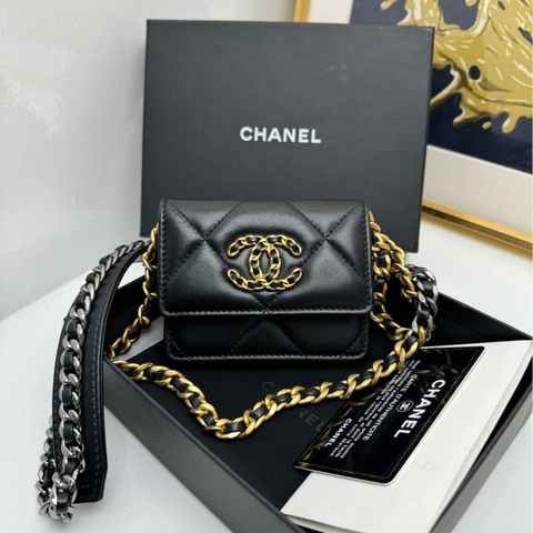 【99❤️全套】Chanel 19系列花邊肩帶woc 黑金羊皮 斜挎鏈條包