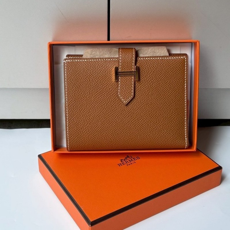 Hermes 金釦棕色皮bearn H 中夾-0