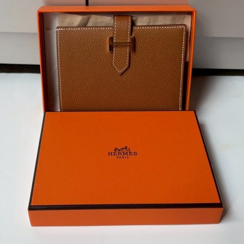 Hermes 金釦棕色皮bearn H 中夾-1