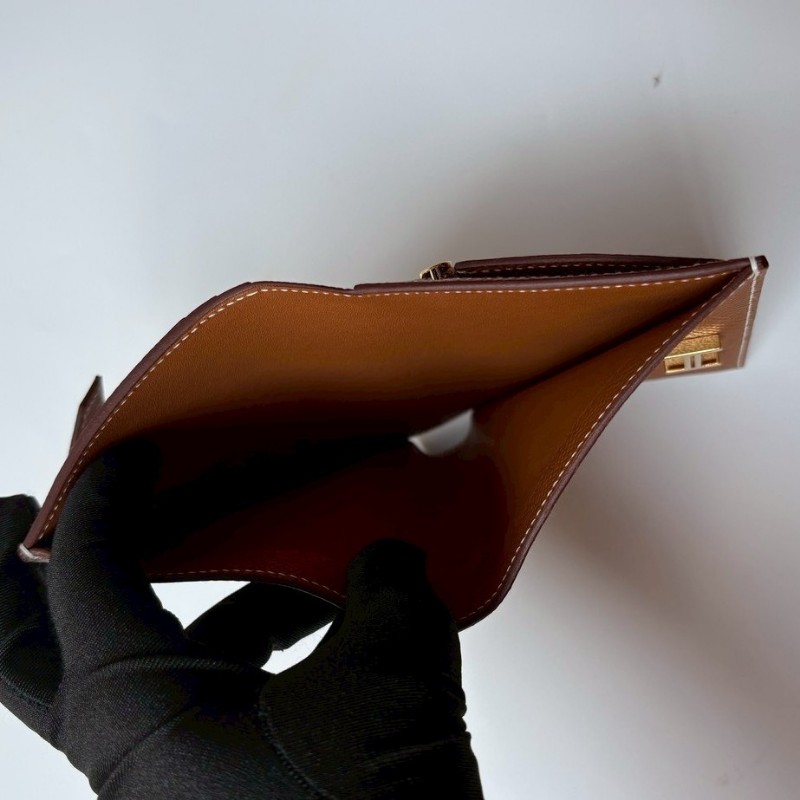 Hermes 金釦棕色皮bearn H 中夾-17