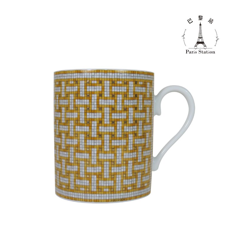 【巴黎站二手名牌專賣店】*全新現貨*HERMES 愛馬仕 真品*Mosaique au 24經典H圖騰馬賽克黃白金色馬克杯-0