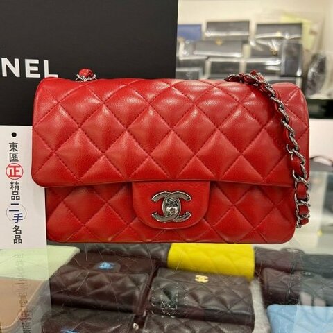 東區正精品㊣CHANEL MINI COCO 20 A69900 香奈兒紅色羊皮銀鍊菱格紋斜背包 CF 20cm RZ5634