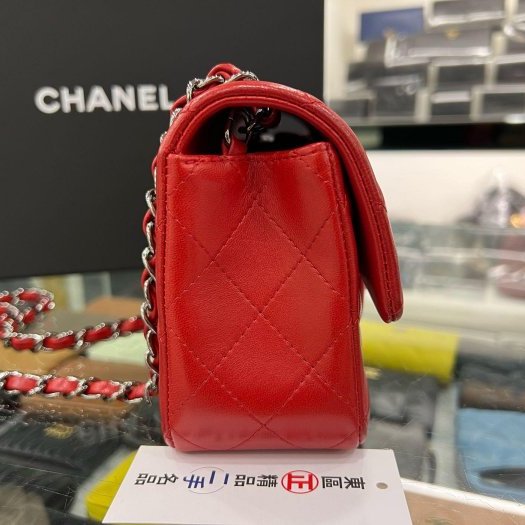 東區正精品㊣CHANEL MINI COCO 20 A69900 香奈兒紅色羊皮銀鍊菱格紋斜背包 CF 20cm RZ5634-1