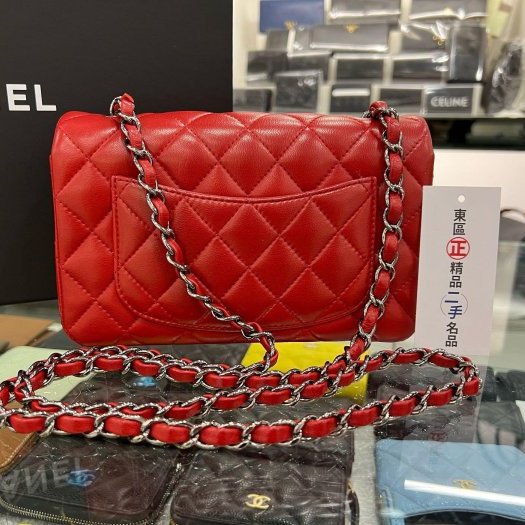東區正精品㊣CHANEL MINI COCO 20 A69900 香奈兒紅色羊皮銀鍊菱格紋斜背包 CF 20cm RZ5634-9