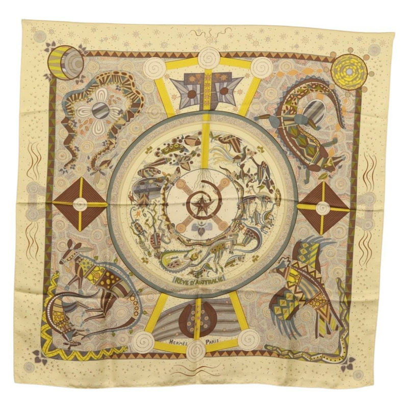 【日本直送】HERMES Carre 90 圍巾「REVE D'AUSTRALIE」絲綢黃色正品 hk3014-0
