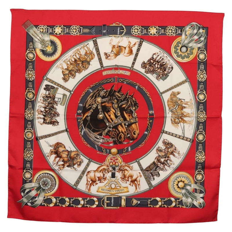 【日本直送】HERMES Carre 90 圍巾「CHEVAUX DE TRAIT」真絲紅色正品 hk3015-0