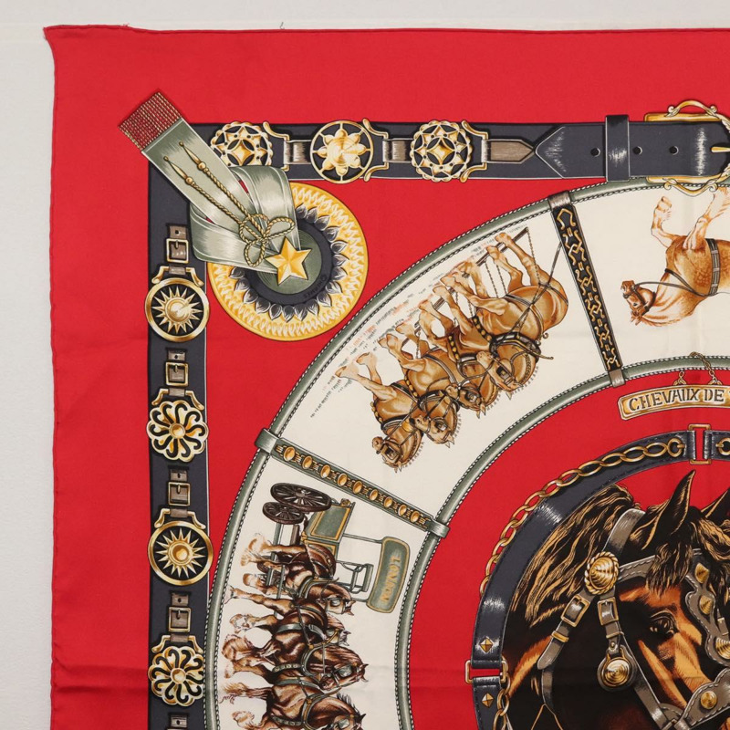 【日本直送】HERMES Carre 90 圍巾「CHEVAUX DE TRAIT」真絲紅色正品 hk3015-1
