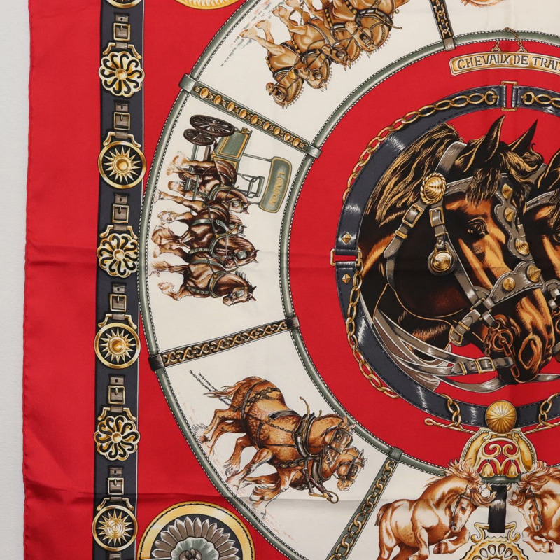 【日本直送】HERMES Carre 90 圍巾「CHEVAUX DE TRAIT」真絲紅色正品 hk3015-4