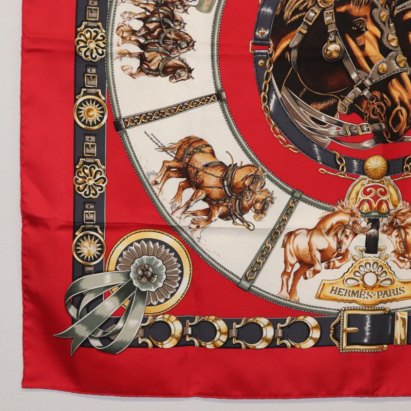 【日本直送】HERMES Carre 90 圍巾「CHEVAUX DE TRAIT」真絲紅色正品 hk3015-7