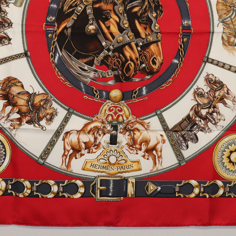 【日本直送】HERMES Carre 90 圍巾「CHEVAUX DE TRAIT」真絲紅色正品 hk3015-8