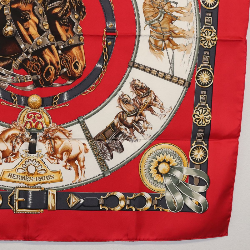 【日本直送】HERMES Carre 90 圍巾「CHEVAUX DE TRAIT」真絲紅色正品 hk3015-9