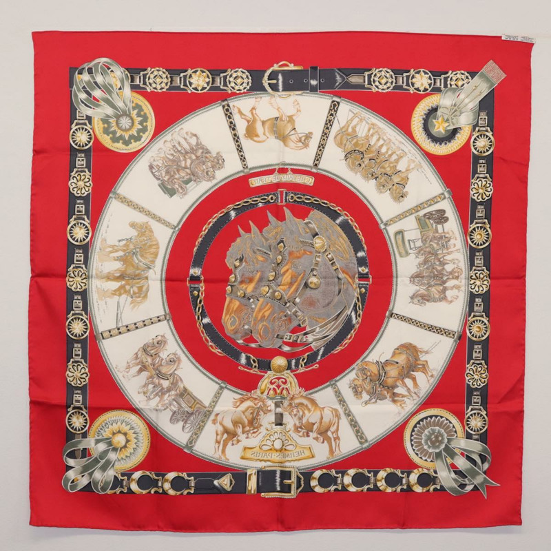 【日本直送】HERMES Carre 90 圍巾「CHEVAUX DE TRAIT」真絲紅色正品 hk3015-10