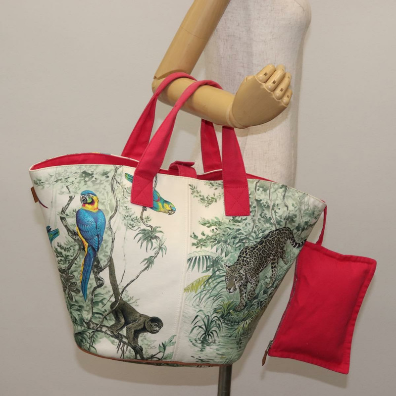 【日本直送】愛馬仕動物圖案 Panier Plage PM 手袋帆佈白銀色正品 yk19446-24