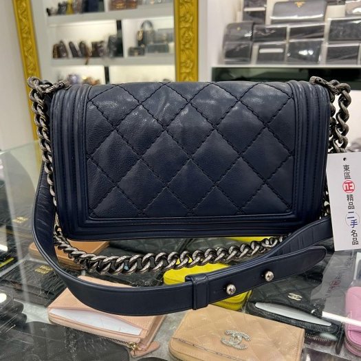 東區正精品㊣CHANEL BOY 25cm A67086 香奈兒海軍藍色牛皮霧金釦式翻蓋男孩包斜背包 RA1840-5
