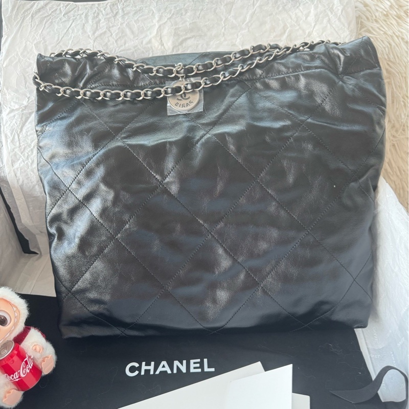 【配件:防塵袋 💕】Chanel 22bag 黑銀 黑色 銀扣 中號 牛皮單肩斜挎包-1