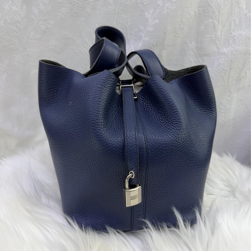 HERMES Clemence皮革Picotin 22 銀扣手挽袋 寶石藍-0