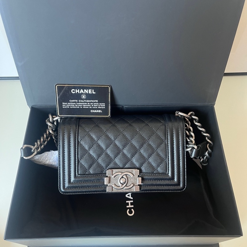 Chanel 黑銀荔枝牛leboy小號30開 卡標齊全 附件防塵袋 卡 尺寸約21x13-1