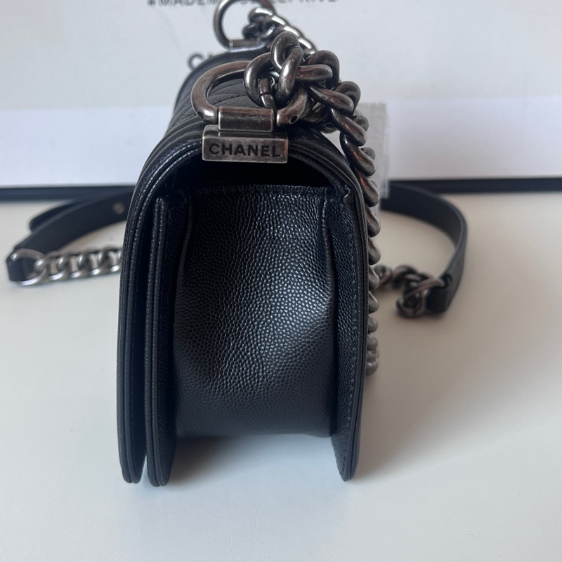 Chanel 黑銀荔枝牛leboy小號30開 卡標齊全 附件防塵袋 卡 尺寸約21x13-6