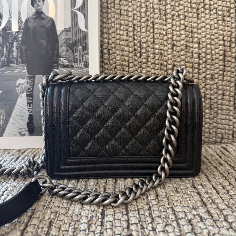 Chanel 黑銀荔枝牛leboy小號29開 卡標齊全 附件防塵袋 卡 尺寸約21x13-1