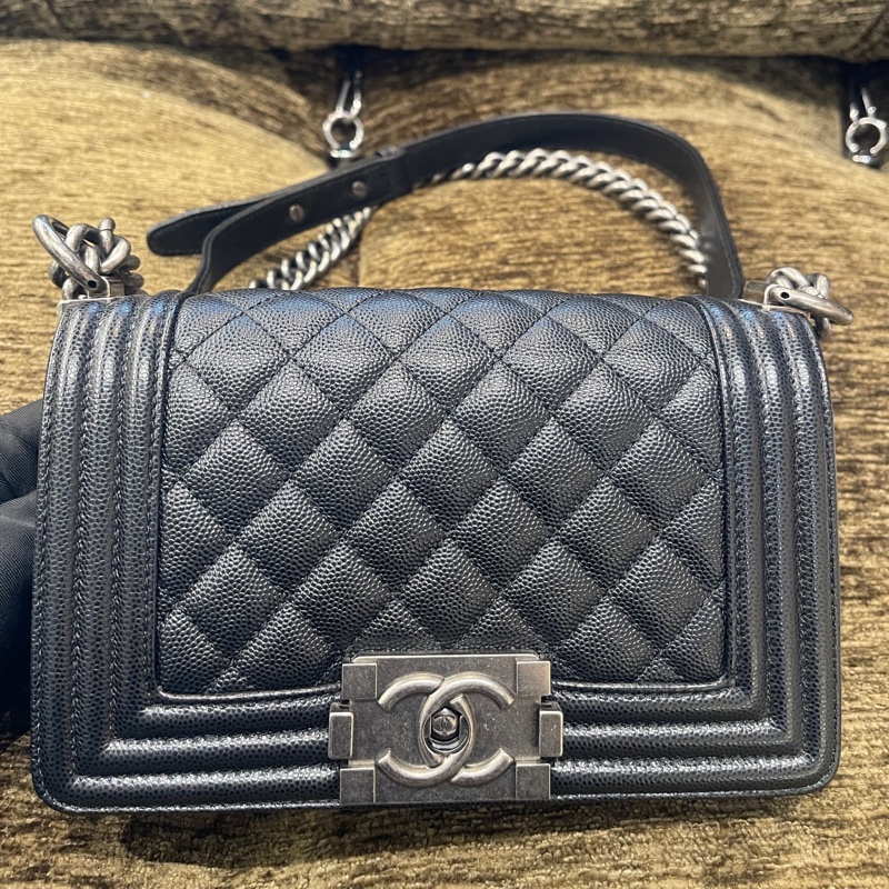 Chanel 黑銀荔枝牛leboy小號29開 卡標齊全 附件防塵袋 卡 尺寸約21x13-2