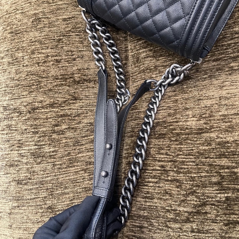 Chanel 黑銀荔枝牛leboy小號29開 卡標齊全 附件防塵袋 卡 尺寸約21x13-23