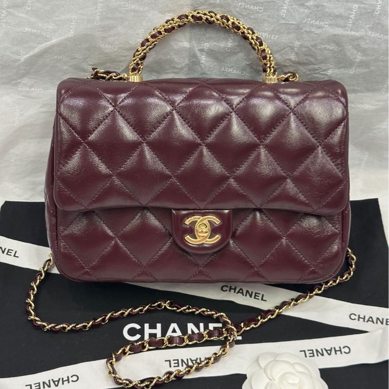 【配件:盒子 防塵袋 說明書 💕】Chanel 24b 麻花手柄 酒紅色 方胖子 大號單肩斜挎包-0