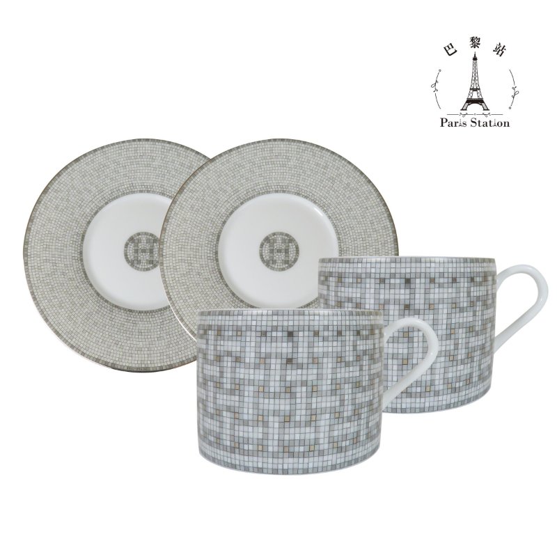 【巴黎站二手名牌專賣店】*全新現貨*HERMES 愛馬仕 真品*Mosaique au 24 platinum白銀經典H圖騰茶杯盤子組-0