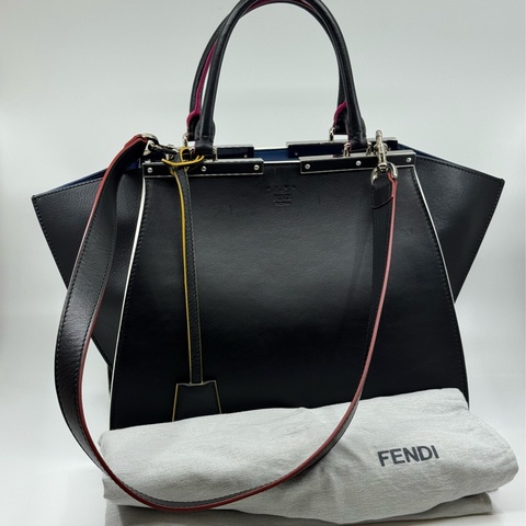 FENDI 3Jours 深藍色 牛皮 銀扣，手挽肩背兩用袋