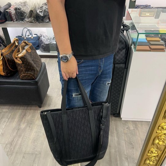 ㊣東區正精品㊣Christian Dior CD 黑色字紋老花丹寧織布金屬釦手提包斜背包肩背包購物袋 RZ5145-1