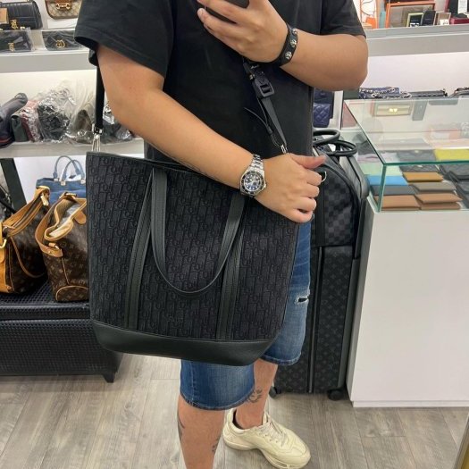 ㊣東區正精品㊣Christian Dior CD 黑色字紋老花丹寧織布金屬釦手提包斜背包肩背包購物袋 RZ5145-2