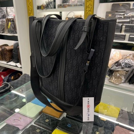 ㊣東區正精品㊣Christian Dior CD 黑色字紋老花丹寧織布金屬釦手提包斜背包肩背包購物袋 RZ5145-3