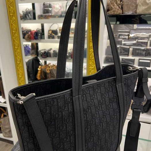 ㊣東區正精品㊣Christian Dior CD 黑色字紋老花丹寧織布金屬釦手提包斜背包肩背包購物袋 RZ5145-4