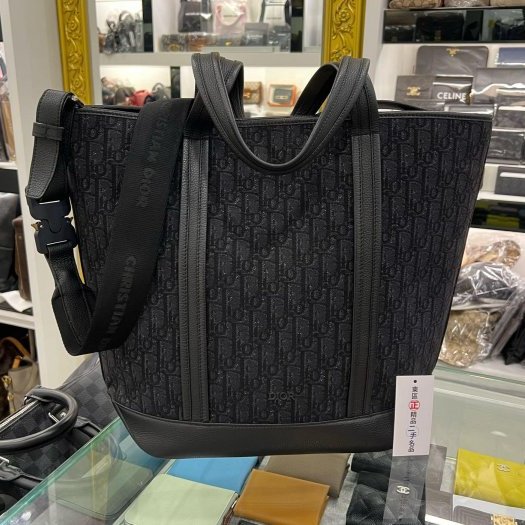 ㊣東區正精品㊣Christian Dior CD 黑色字紋老花丹寧織布金屬釦手提包斜背包肩背包購物袋 RZ5145-6