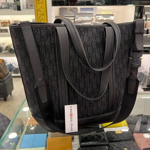㊣東區正精品㊣Christian Dior CD 黑色字紋老花丹寧織布金屬釦手提包斜背包肩背包購物袋 RZ5145-9
