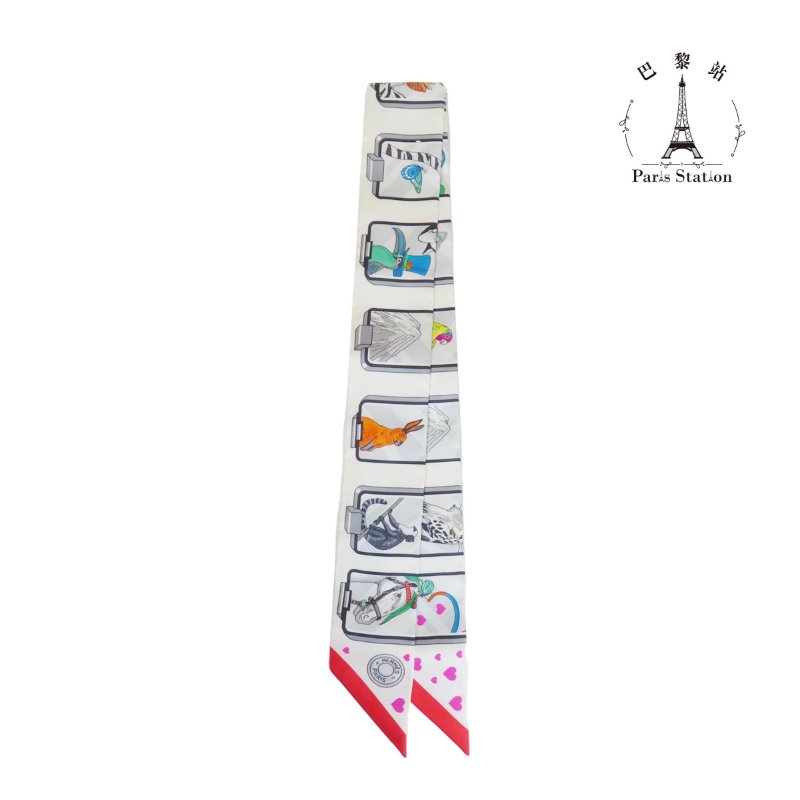 【巴黎站二手名牌專賣店】*全新現貨*HERMES 愛馬仕 真品*Story白底動物方格絲巾TWILLY 單條-0