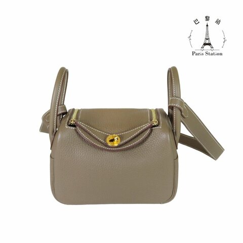 【巴黎站二手名牌專賣店】＊現貨＊HERMES 愛馬仕 真品＊B刻大象灰皮革金釦MINI LINDY手提斜背包