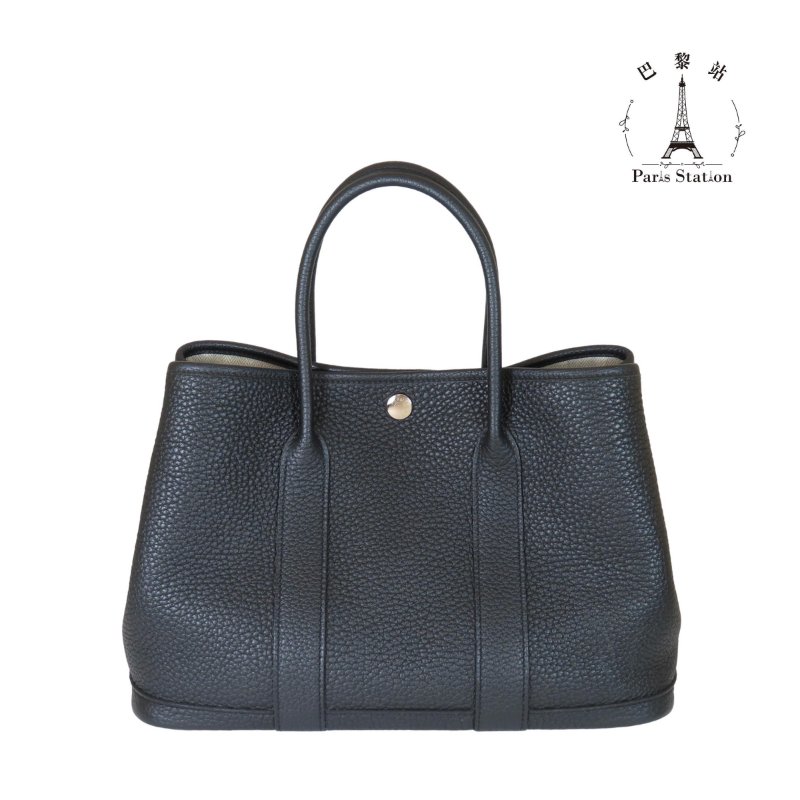 【巴黎站二手名牌專賣店】*現貨*HERMES 愛馬仕 真品*W刻 Garden Party黑色牛皮銀釦GP 30手提包-0