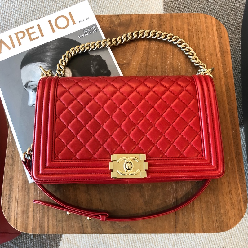 絕版CHANEL Boy 28cm 紅色小羊皮菱格金鍊A92193 肩背包-5